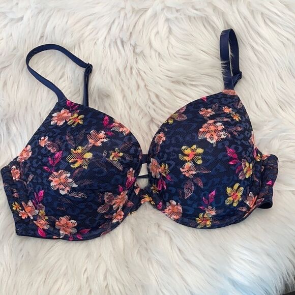 𝅺victoria’s Secret Pink Navy Floral Push Up Sz 34D - Picture 1 of 14